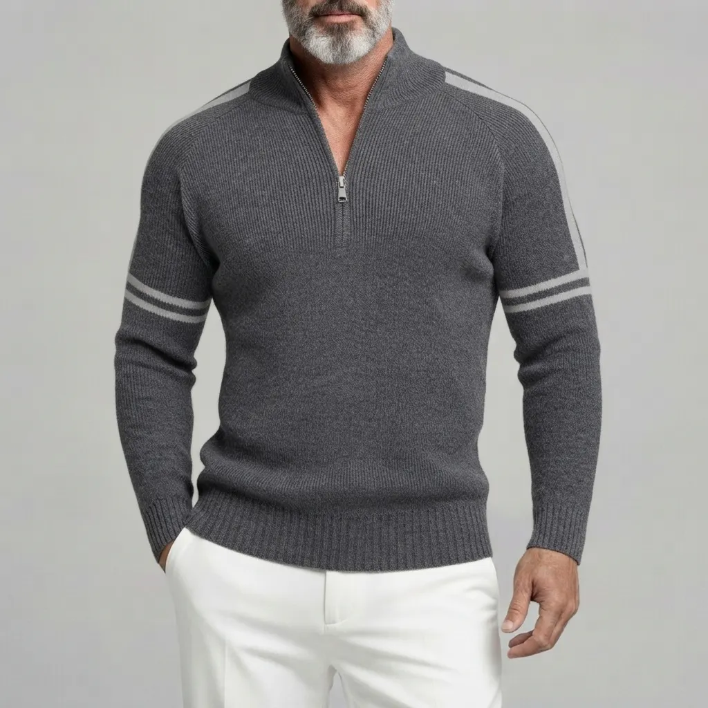 Men's Contrast Striped Pattern Half-Zip Stand Collar Ribbed Knit Pullover Sweater