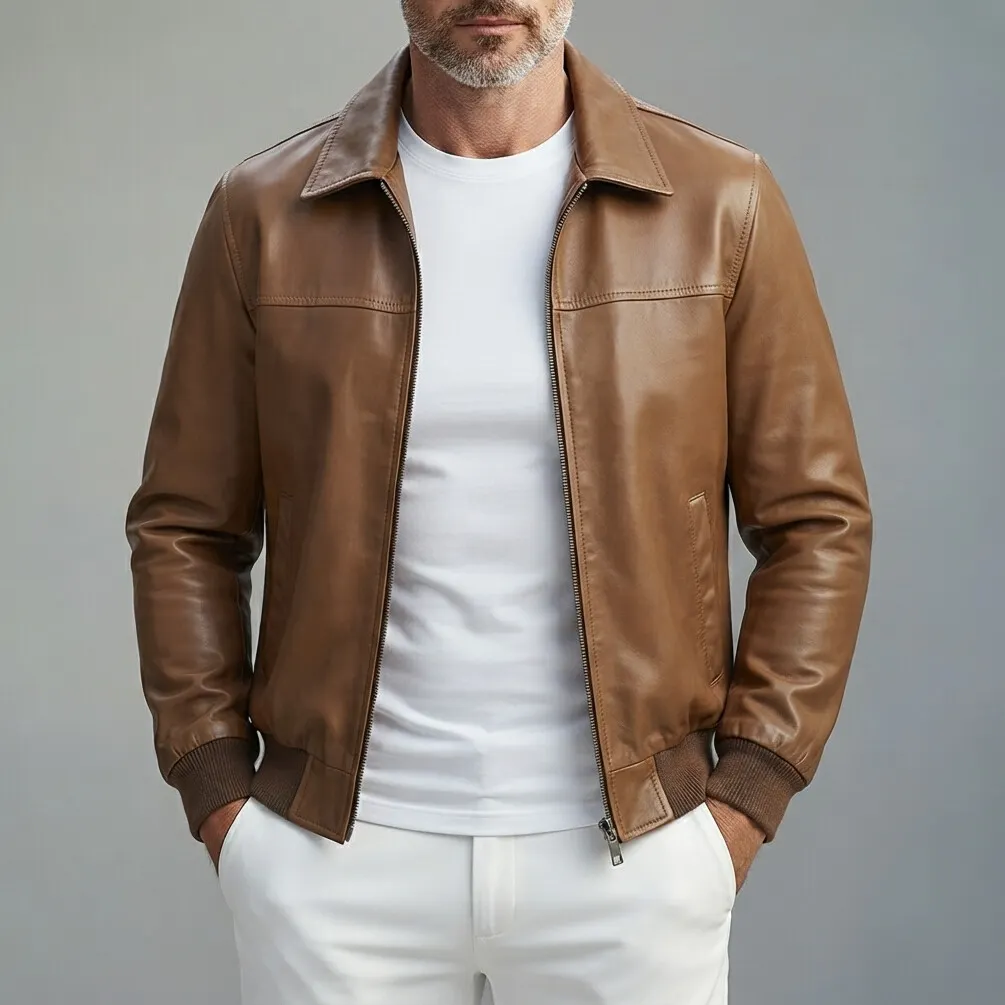 Men's Plain PU Leather Turndown Collar Slant Pockets Slim Zip-Up Bomber Jacket