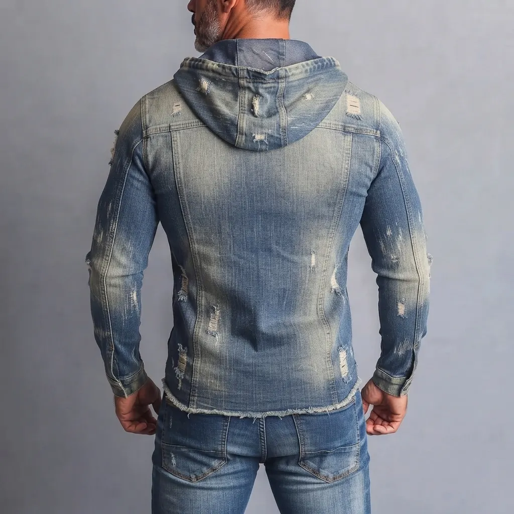 Men's Street Blue Washed Denim Ripped V-Neck Pockets Slim Fit Hoodie