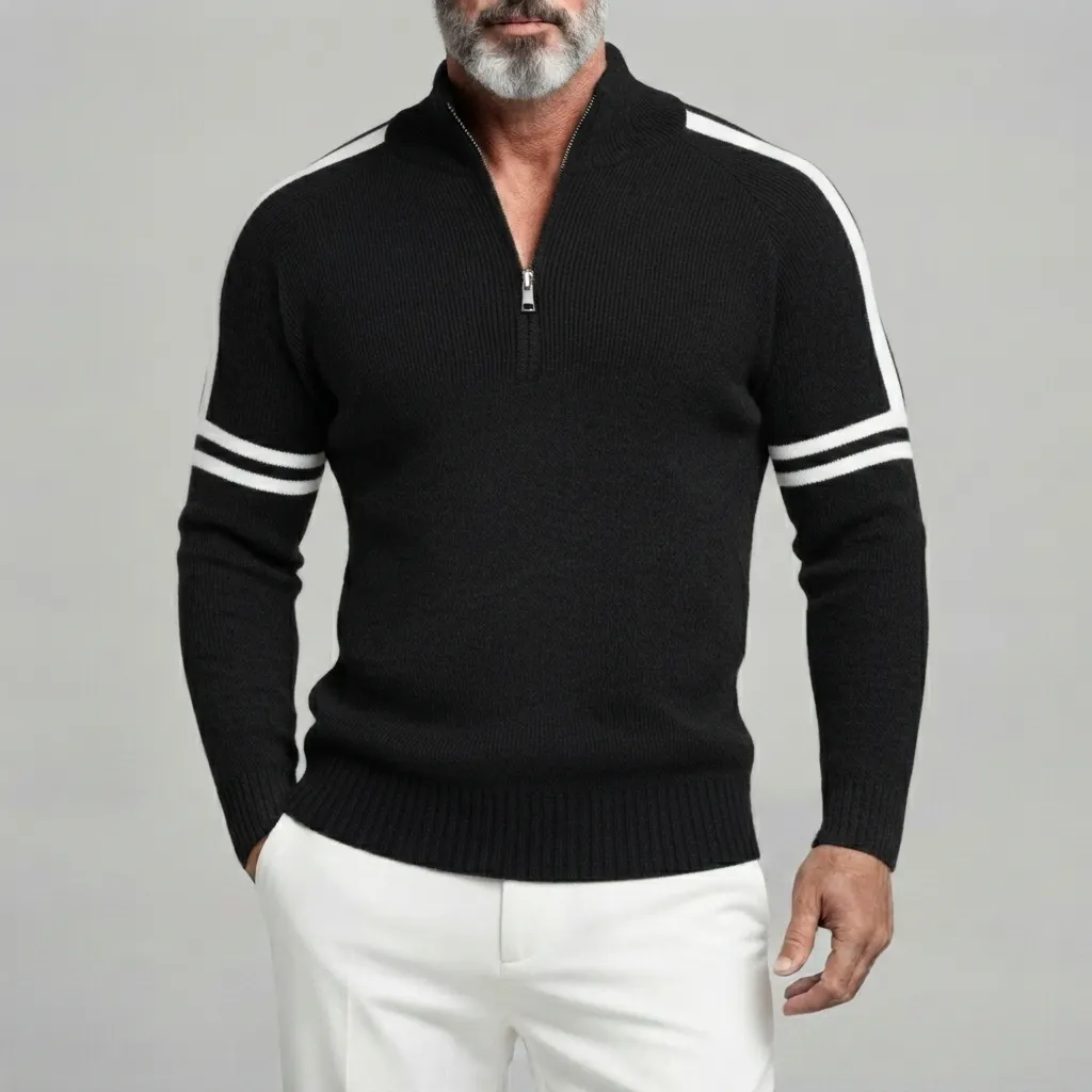 Men's Contrast Striped Pattern Half-Zip Stand Collar Ribbed Knit Pullover Sweater