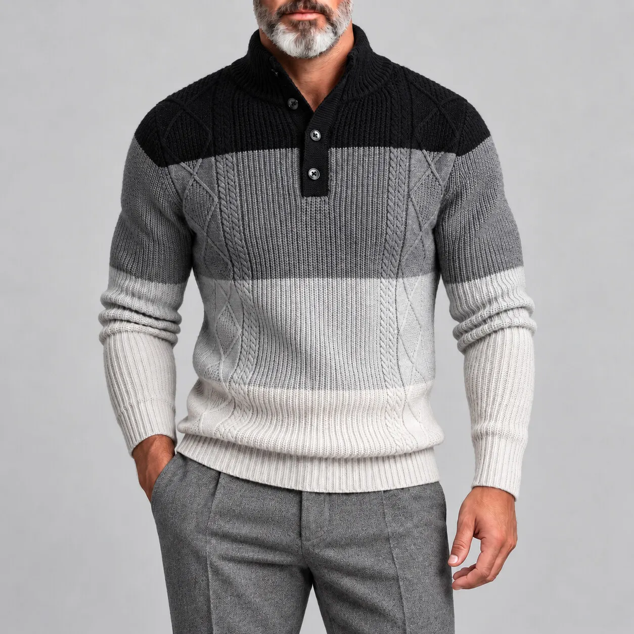 Men's Color Block Cable Knit Stand Collar Half Placket Pullover Sweater