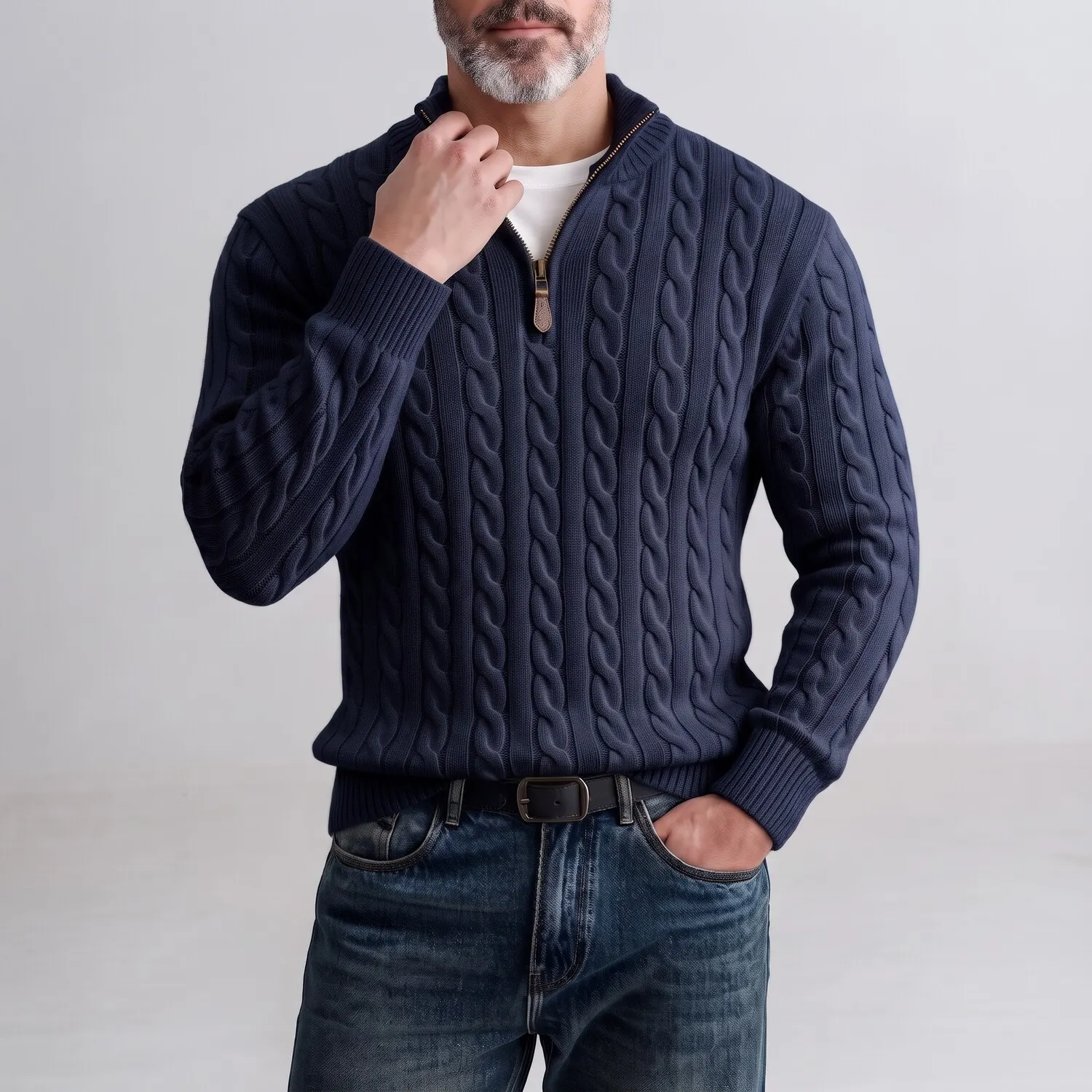 Men's Casual Solid Color Stand Collar Half Zip Twisted Texture Slim Fit Cable Knit Sweater