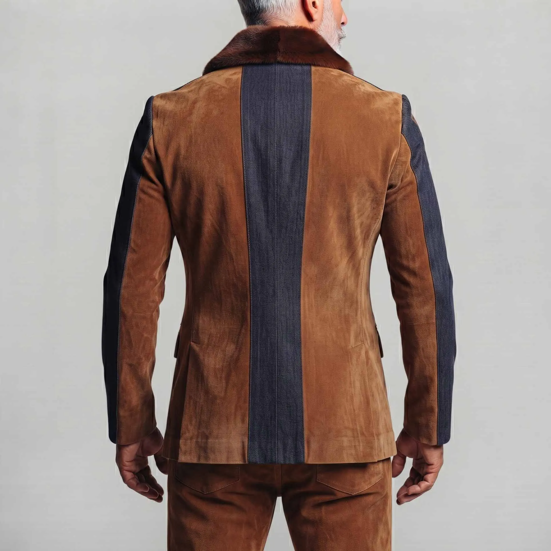 Men's Caramel Suede Patchwork Denim Peak Lapel Fuzzy Collar Double Breasted Blazer