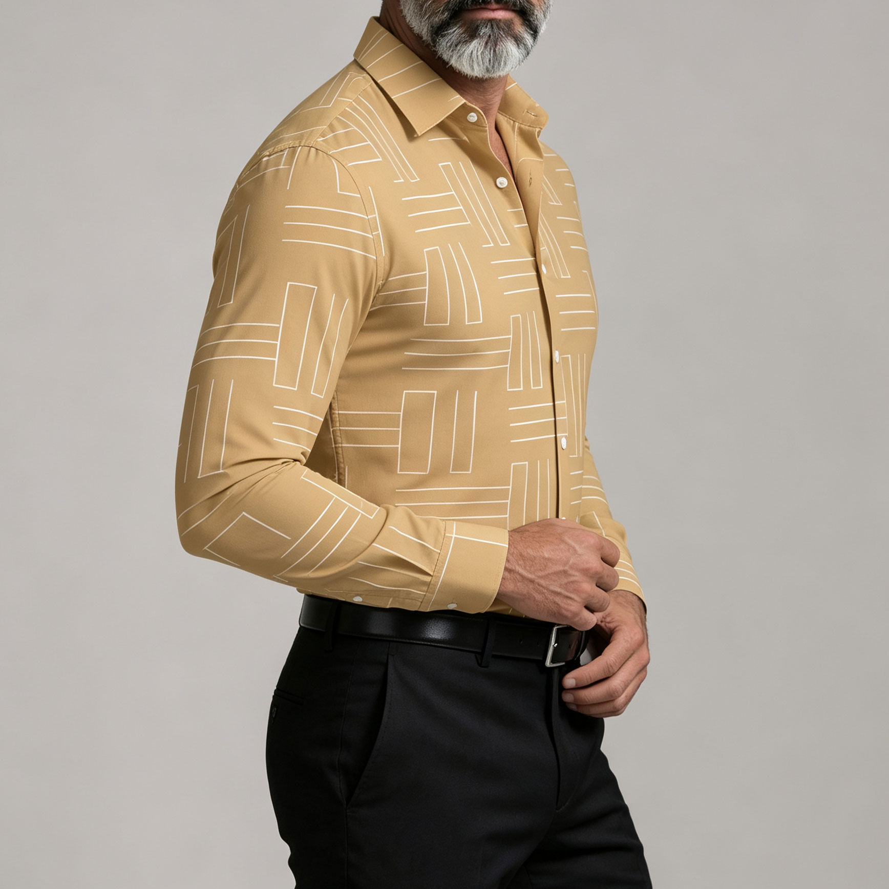 Men's Geometric Line Print Slim Fit Button-Up Shirt