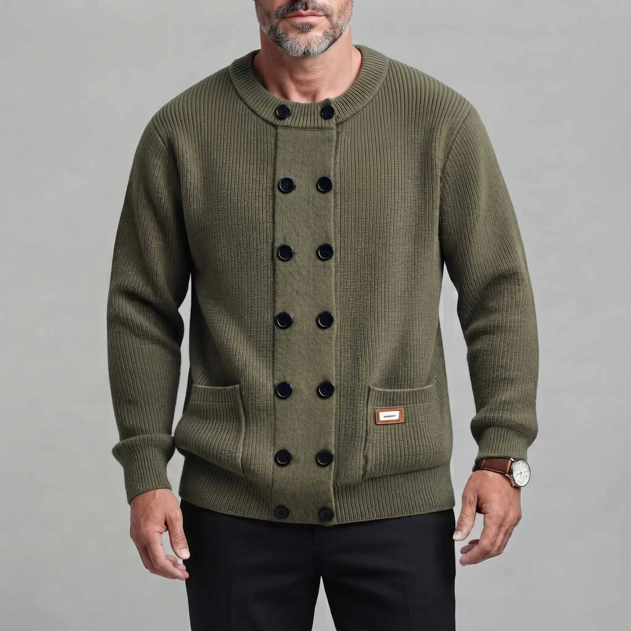 Men's Solid Color Round Neck Patch Pocket Double-Breasted Ribbed Knit Cardigan