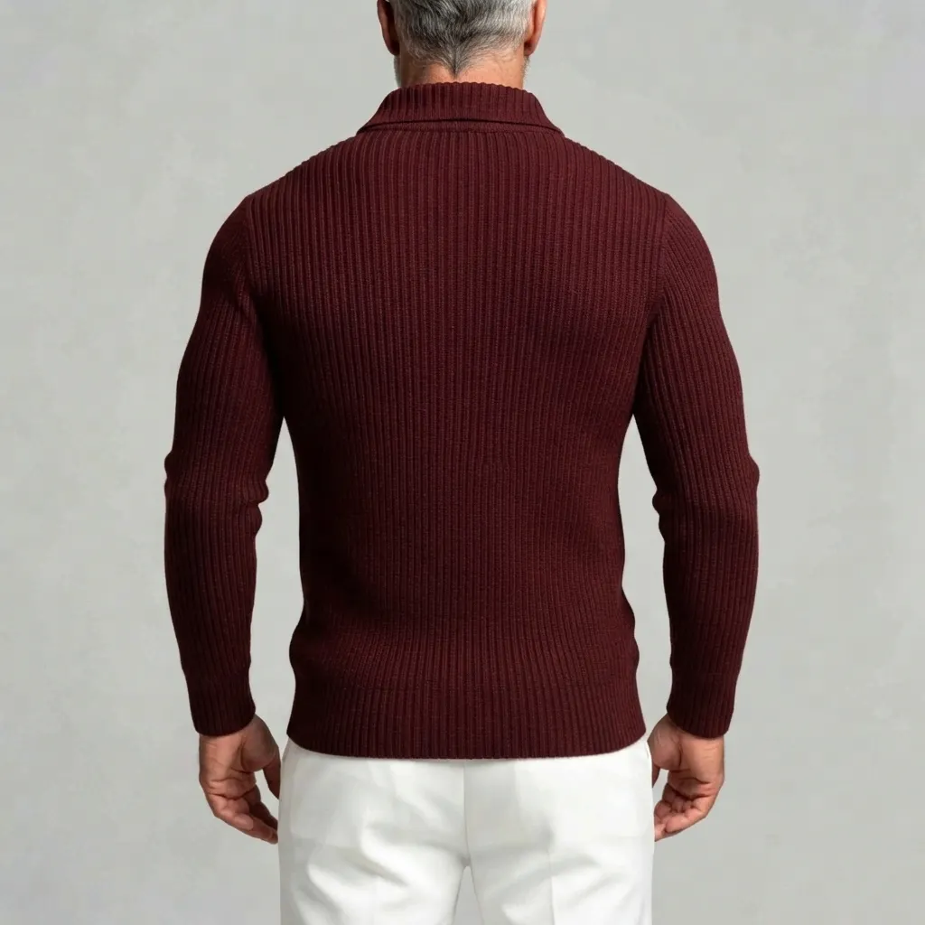 Men's Burgundy Ribbed Knit Slim Fit Long Sleeve with Necktie Pullover Sweater