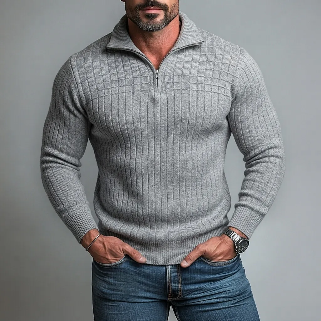 Men's Casual Gray Textured Ribbed Knit Slim Fit Quarter Zip Pullover Sweater