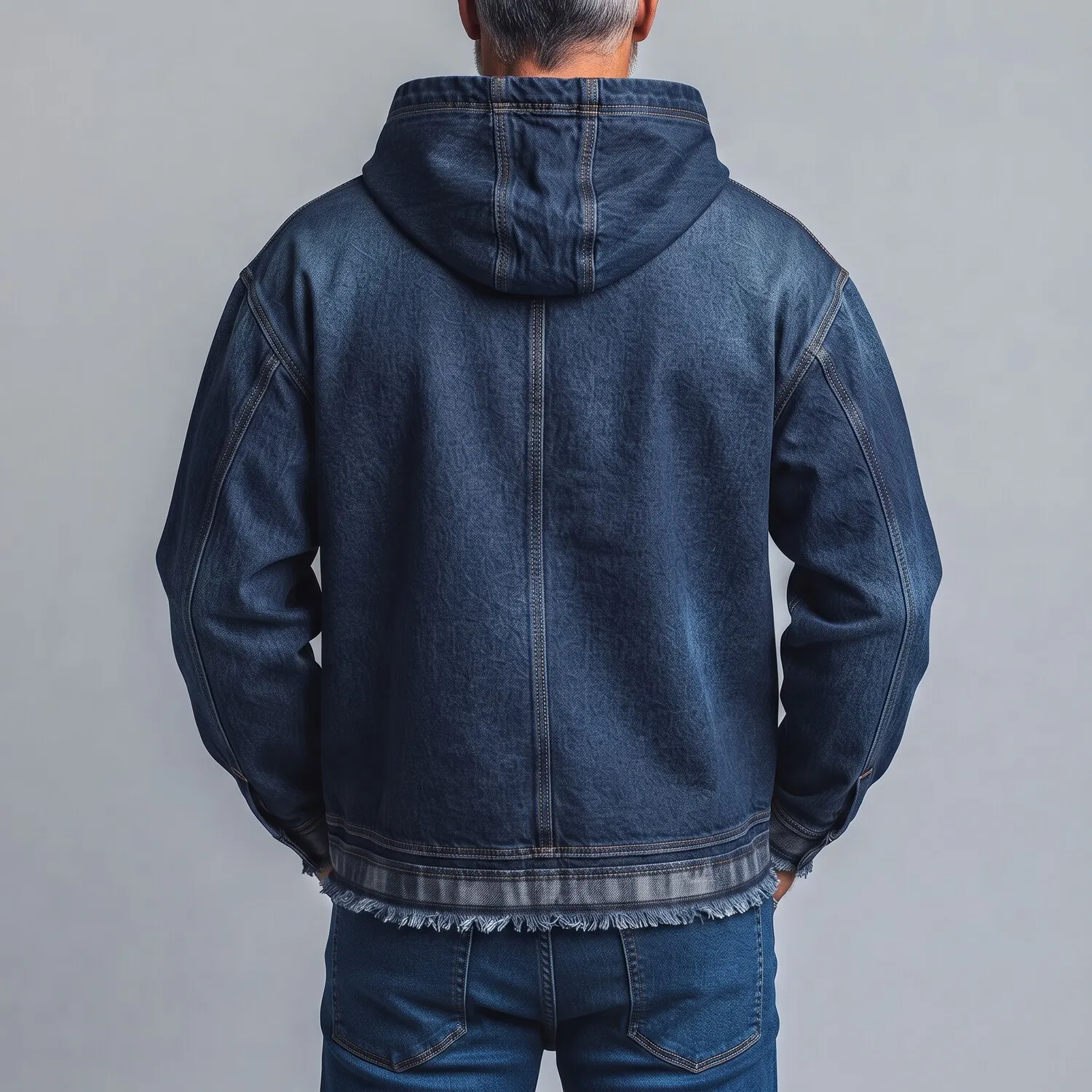 Men's Dark Blue Chest Pocket Frayed Hem Drawstring Pullover Denim Hoodie