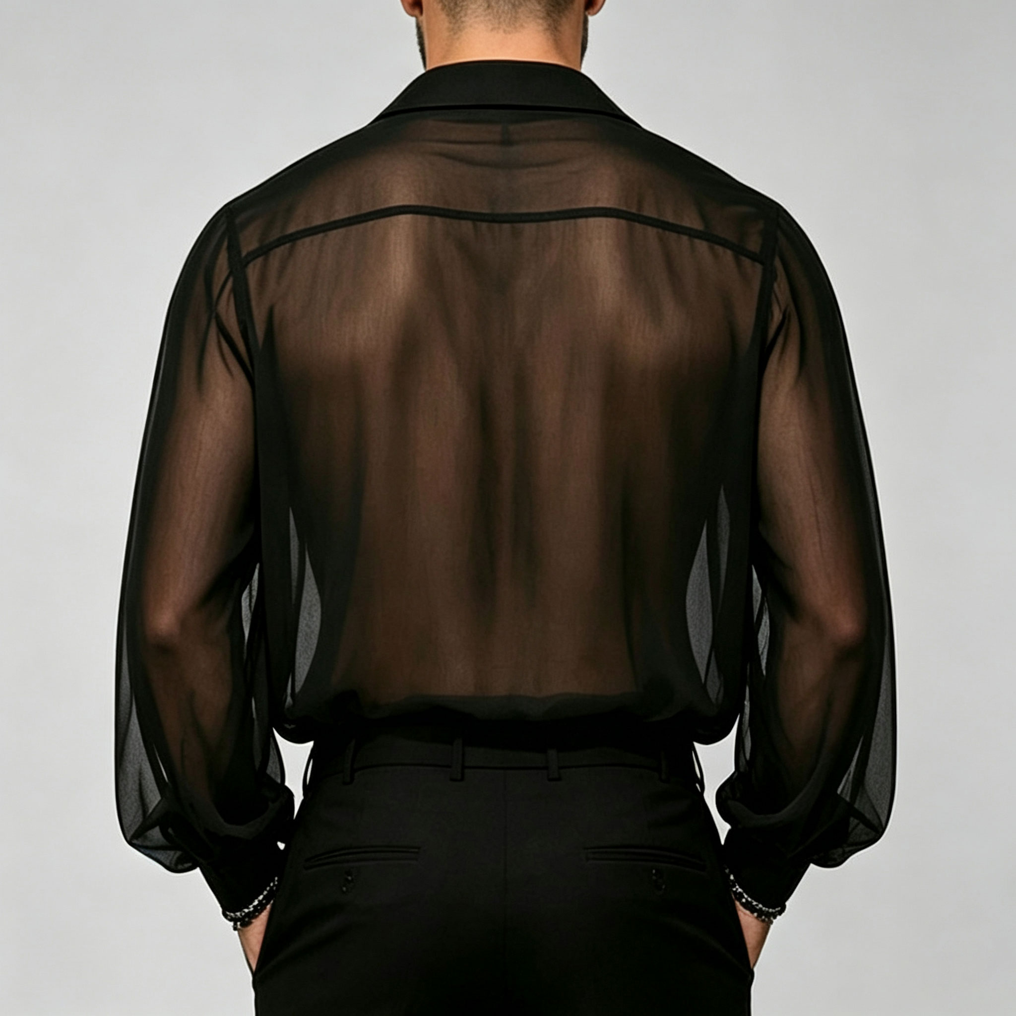 Men's Lightweight Long-Sleeve Shirt with a Turn-Down Collar and Fine Mesh Fabric