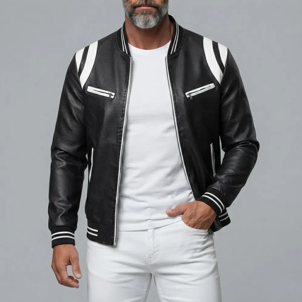 Men's PU Leather Contrast Stripes Zipper Pockets Bomber Jacket