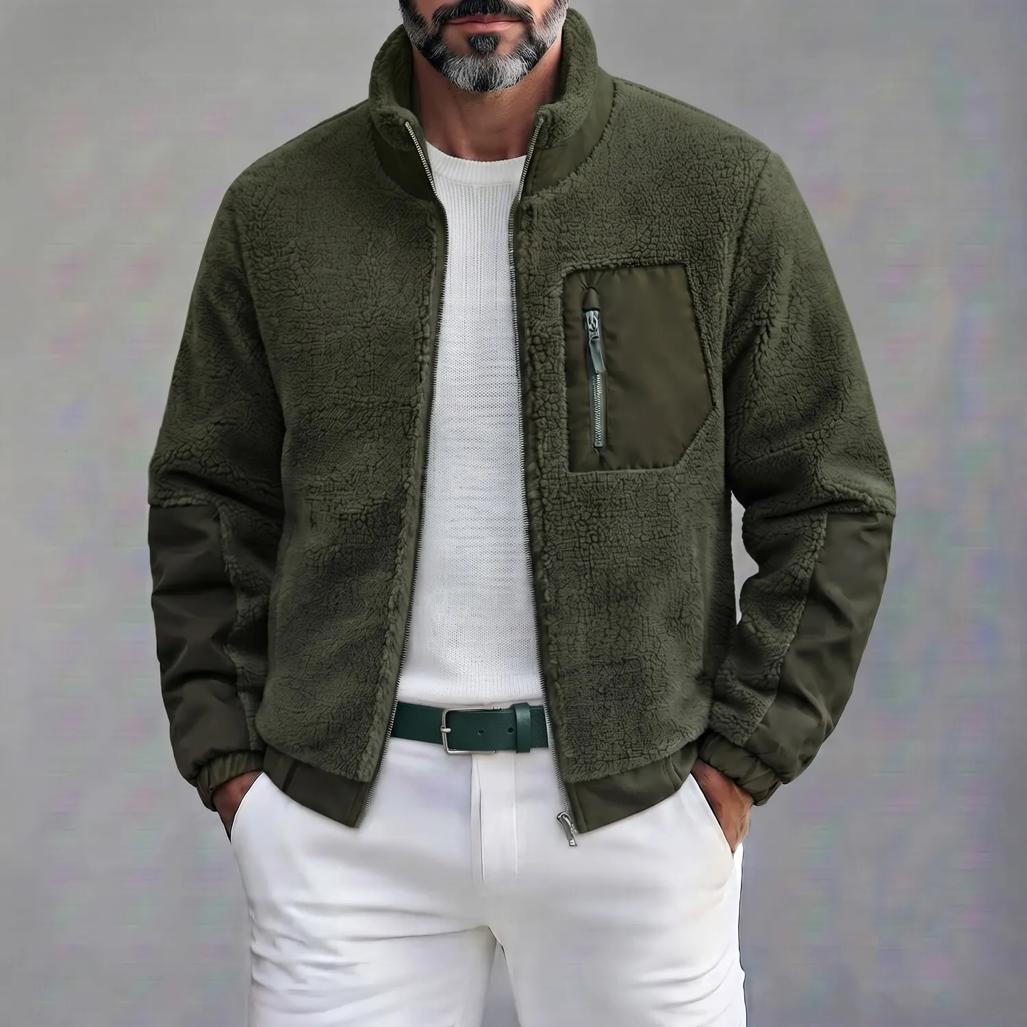 Men's Casual Stand Collar Multi-Pocket Zipper Fleece Bomber Jacket