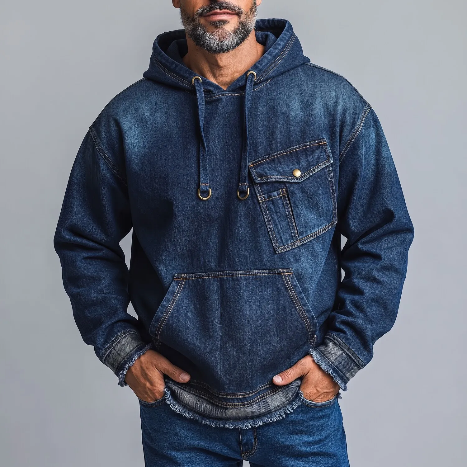 Men's Dark Blue Chest Pocket Frayed Hem Drawstring Pullover Denim Hoodie