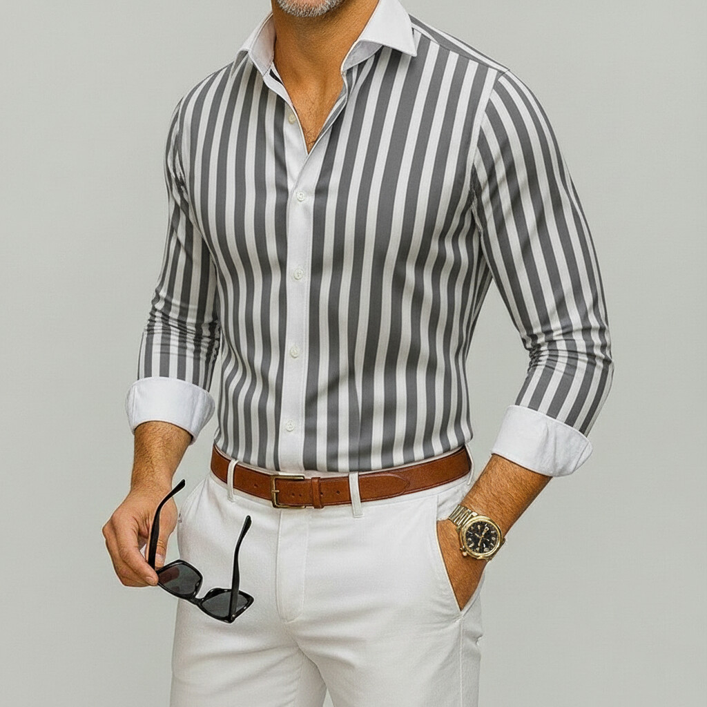Men's Business Casual Striped Print Single Breasted Long Sleeve Shirt