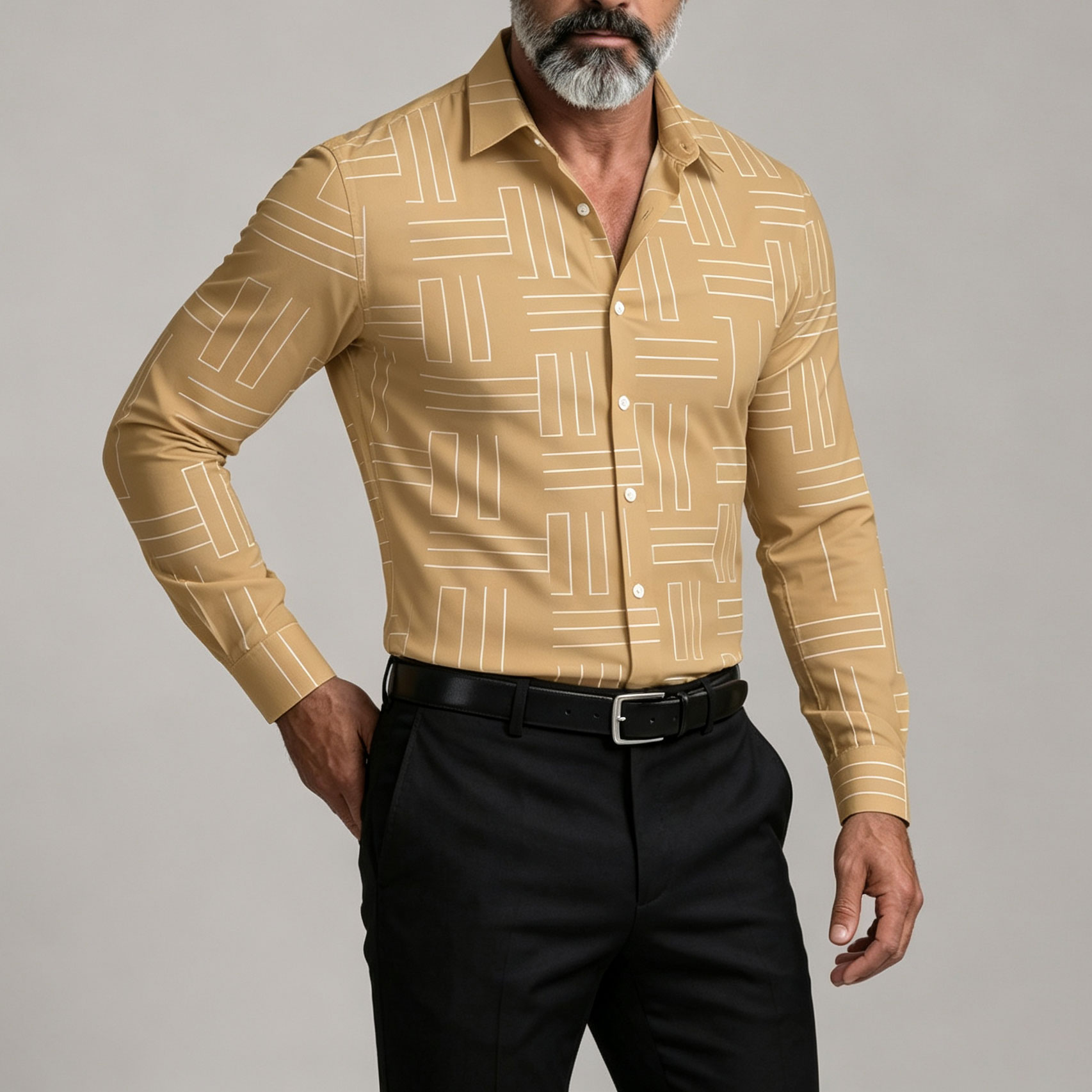 Men's Geometric Line Print Slim Fit Button-Up Shirt