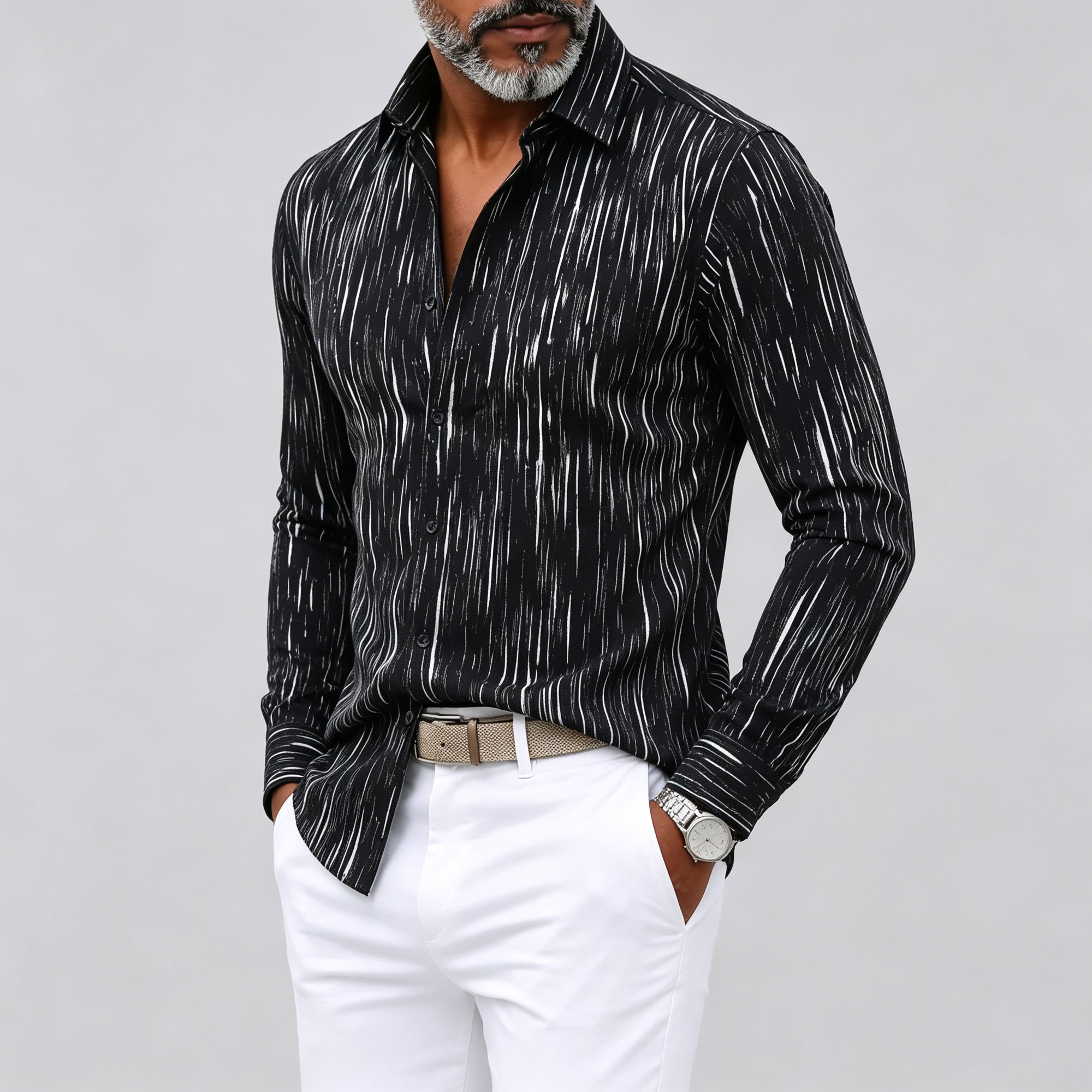 Men's Abstract Stripe Print Turndown Collar Slim Fit Long Sleeve Shirt