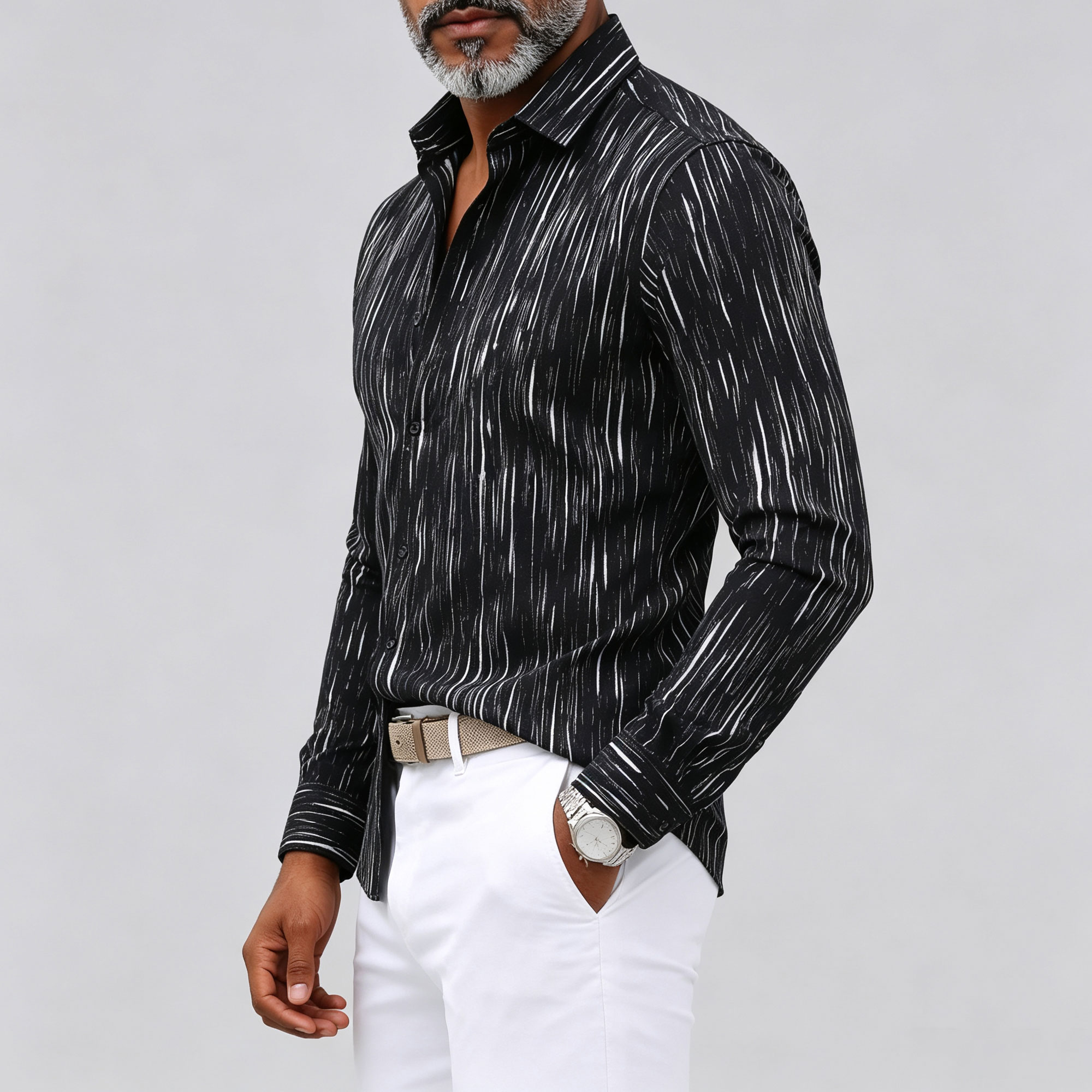 Men's Abstract Stripe Print Turndown Collar Slim Fit Long Sleeve Shirt