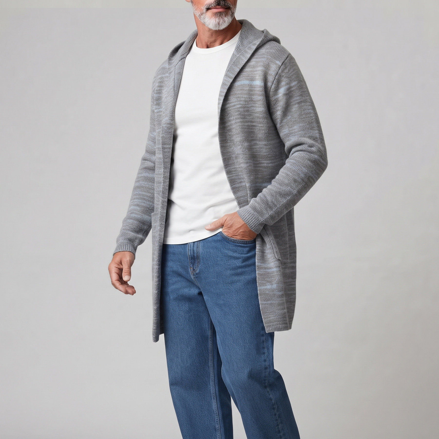 Men's Hooded Open Front Cardigan with Patch Pockets