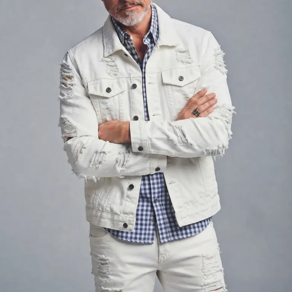 Men's White Distressed Ripped Single-Breasted Multi-Pocket Denim Jacket