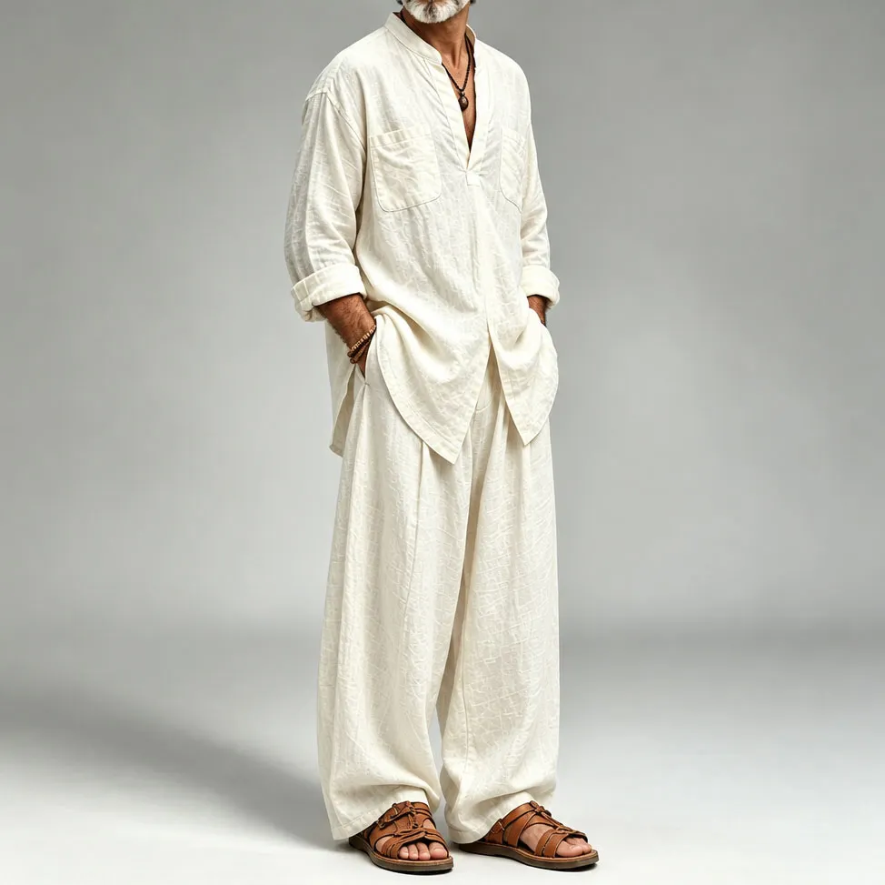 Men's Loose Fit V-Neck Long Sleeve Top and Pants Set
