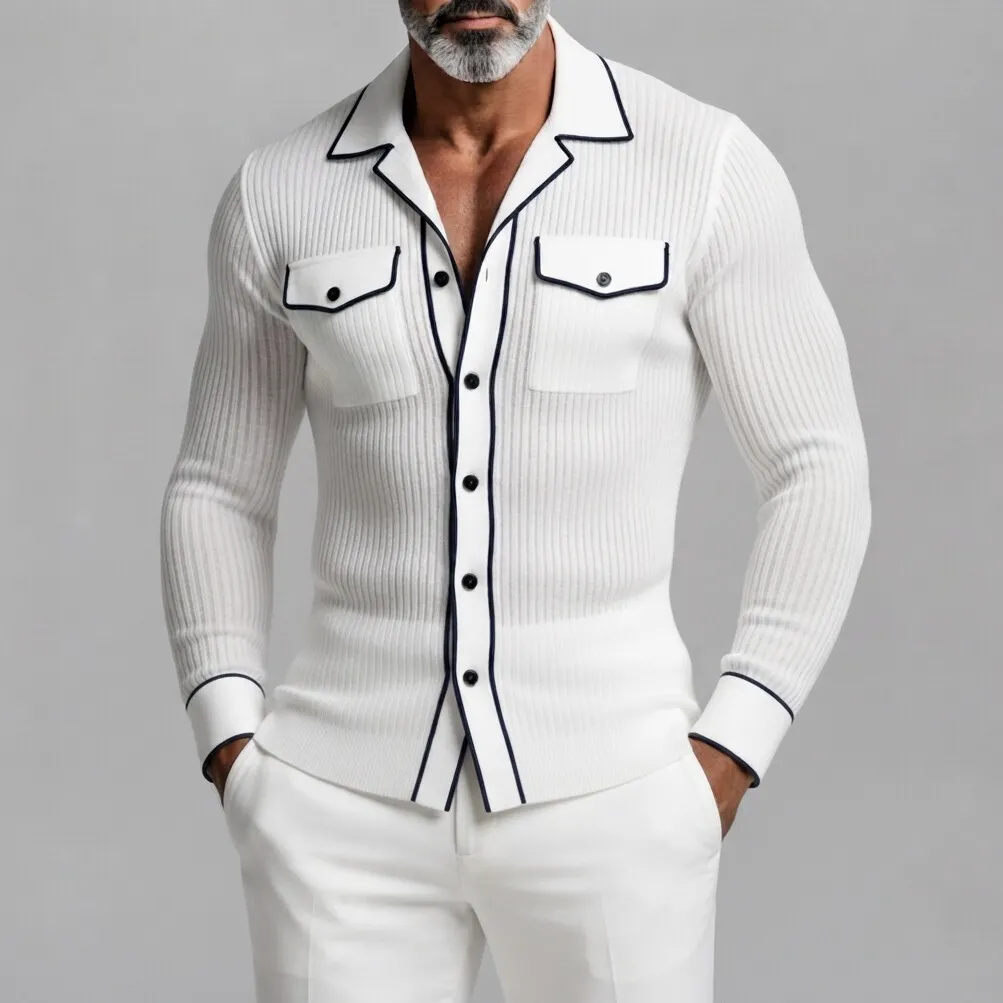 Men's White Ribbed Camp Collar Contrast Piping Single Breasted Chest Pocket Slim Shirt