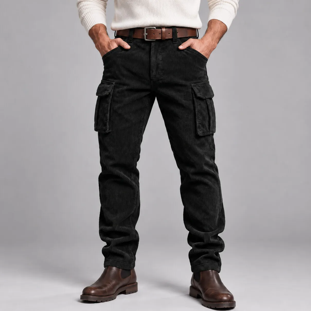 Men's Solid Color Corduroy Multi-Pockets Slim Fit Straight Leg Cargo Pants