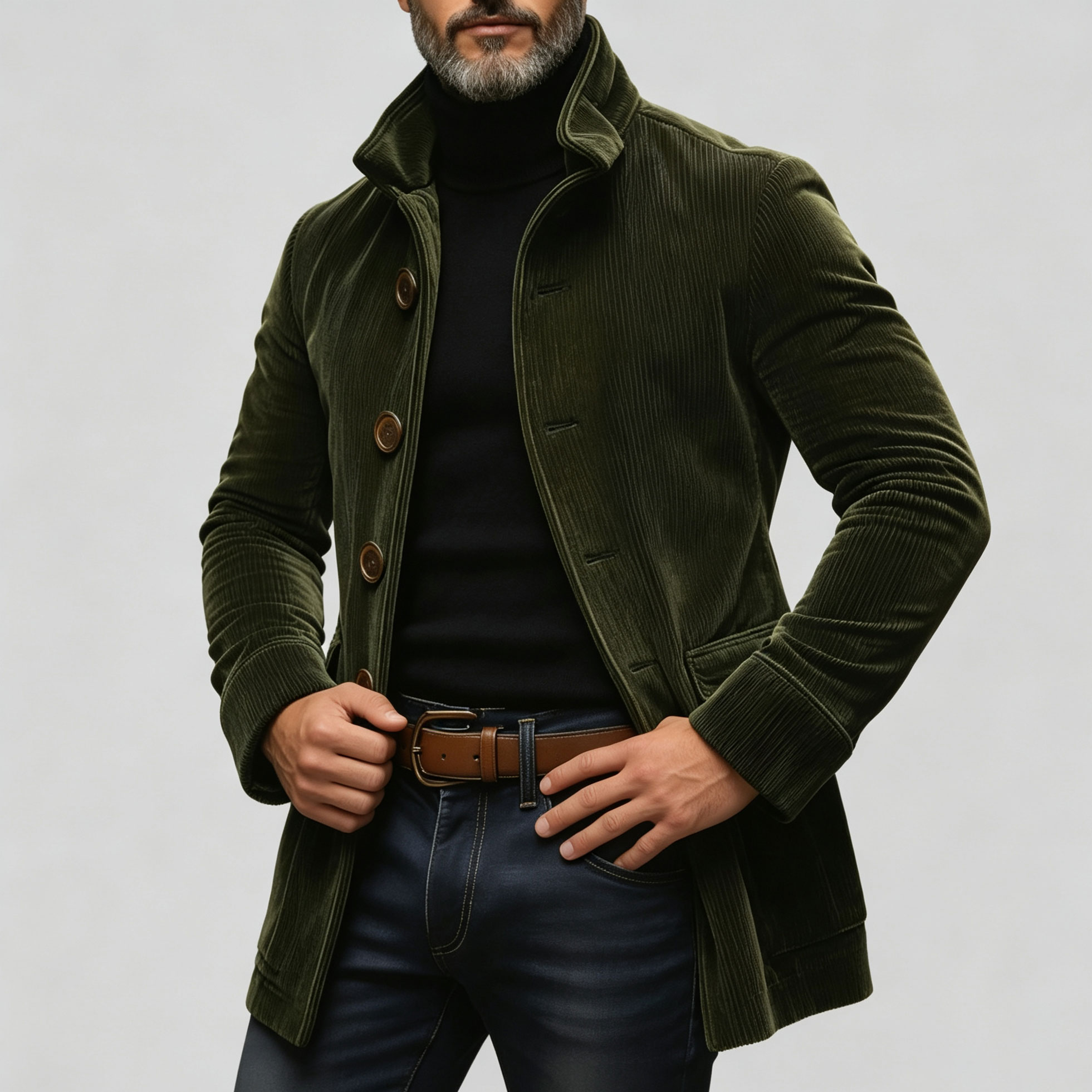 Men's Solid Stand Collar Single Breasted Pocket Corduroy Jackets