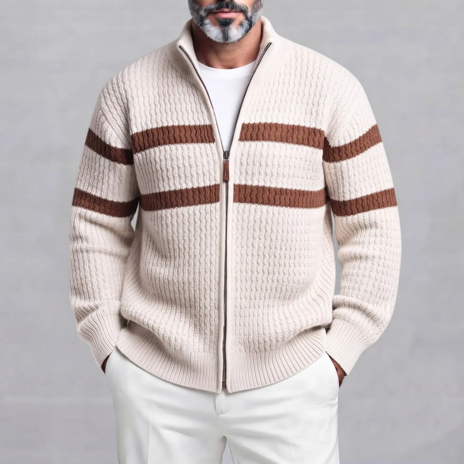 Men's Casual Contrast Striped Stand Collar Loose Fit Zipper Cable Knitted Cardigan