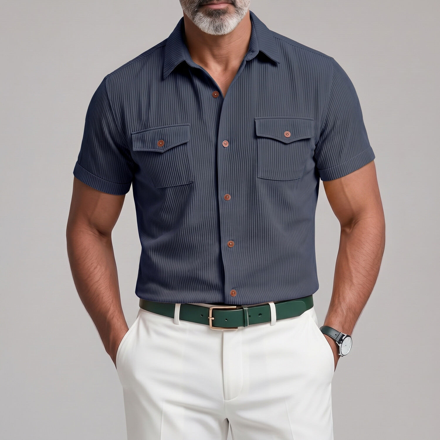 Men's Casual Corduroy Solid Color Multi-Pocket Shirt