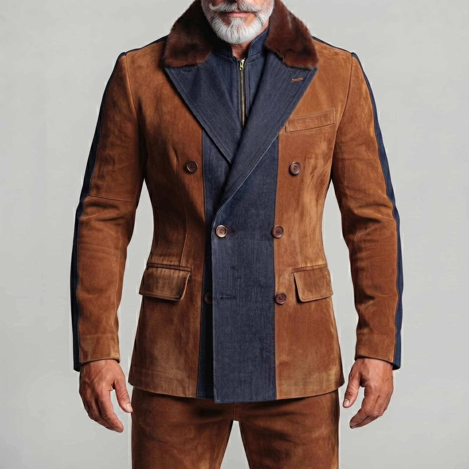 Men's Caramel Suede Patchwork Denim Peak Lapel Fuzzy Collar Double Breasted Blazer
