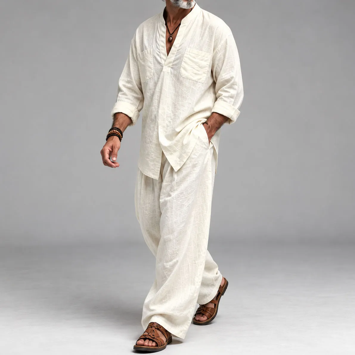 Men's Loose Fit V-Neck Long Sleeve Top and Pants Set