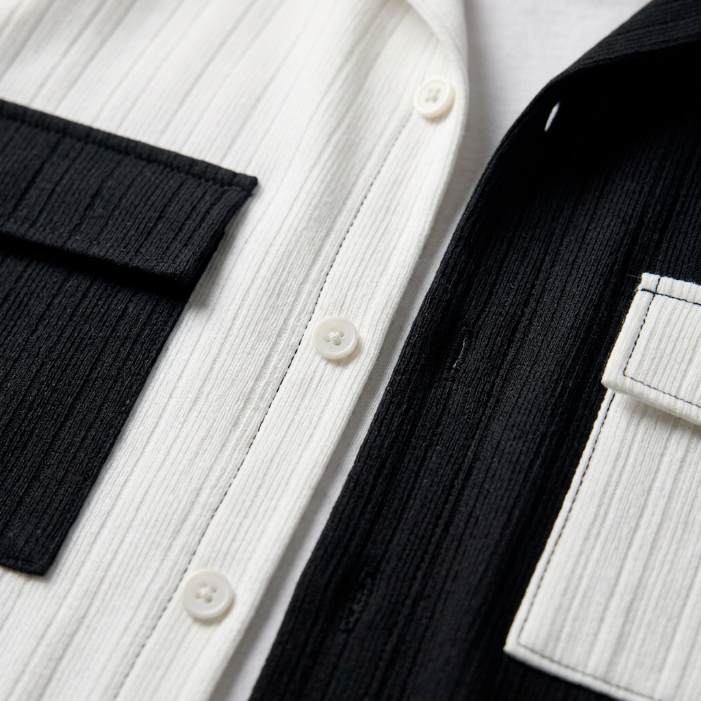 Men's Pit Stripe Texture Colorblock Flap Pockets Camp Collar Shirt