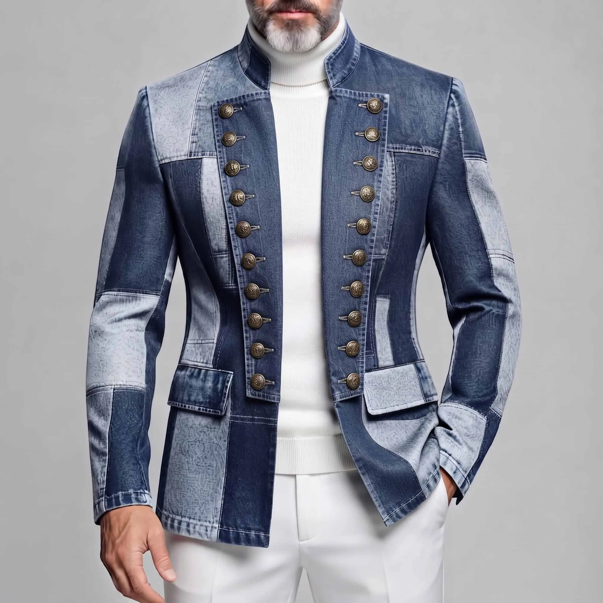 Men's Slim Fit Colorblock Print Double-Breasted Vintage Jacket