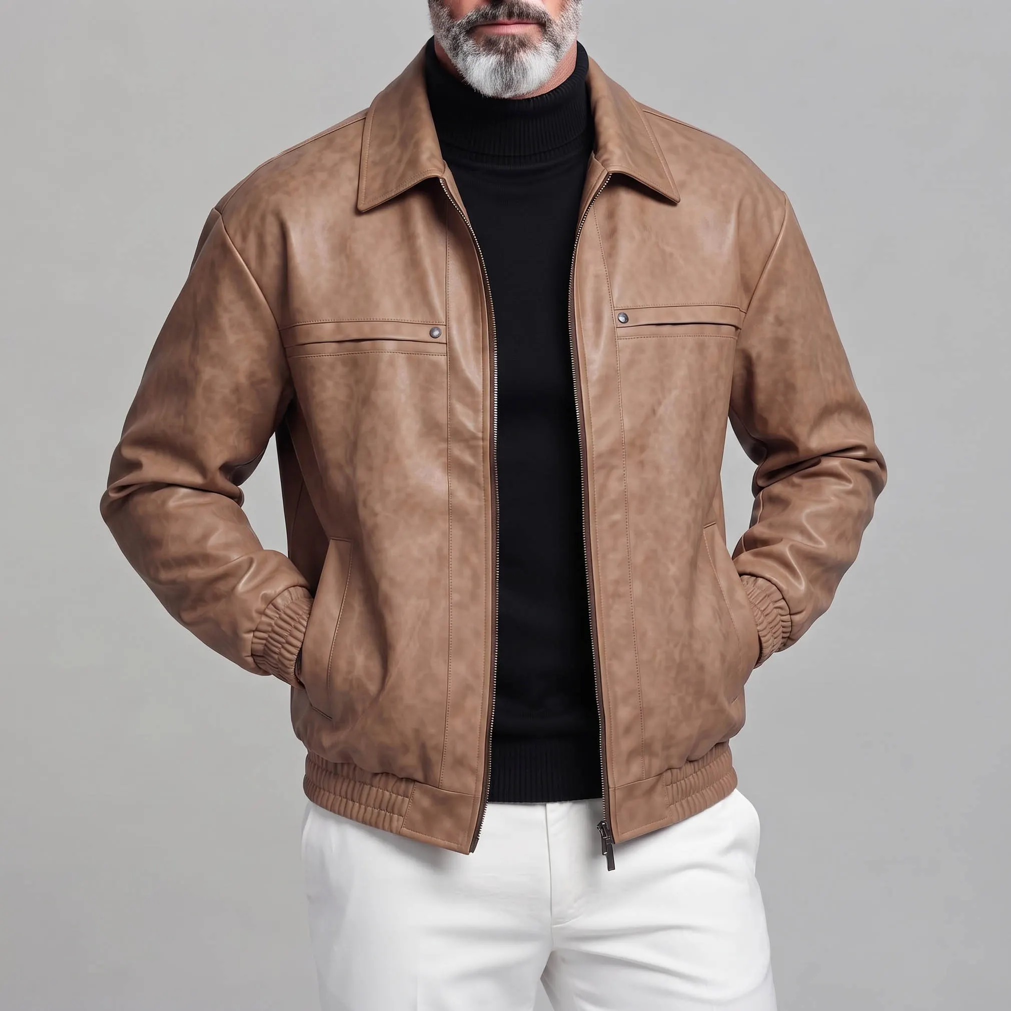Men's Vintage Brown Plain PU Leather Turndown Collar Slant Pocket Zipper Bomber Jacket