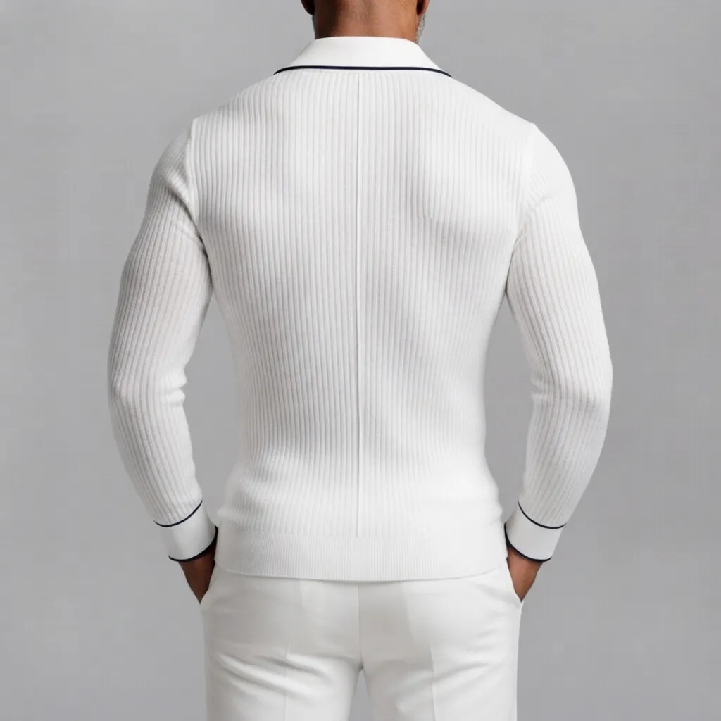Men's White Ribbed Camp Collar Contrast Piping Single Breasted Chest Pocket Slim Shirt