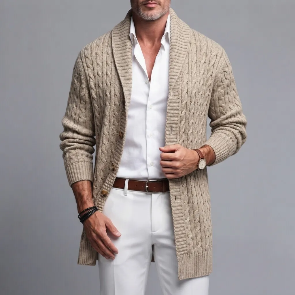 Men's Solid Color Shawl Lapel Single Breasted Twist Knitted Mid-Length Cardigan