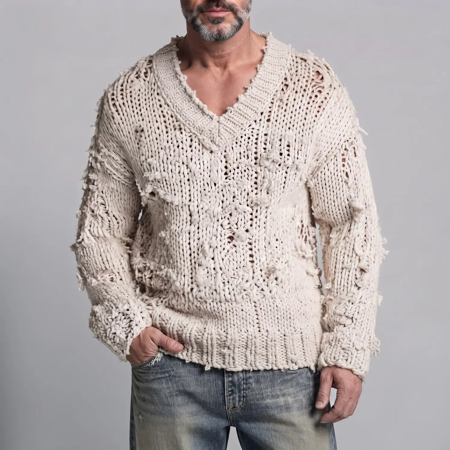 Men's Beige Distressed V Neck Frayed Edge Hollow Out Chunky Knit Pullover Sweater