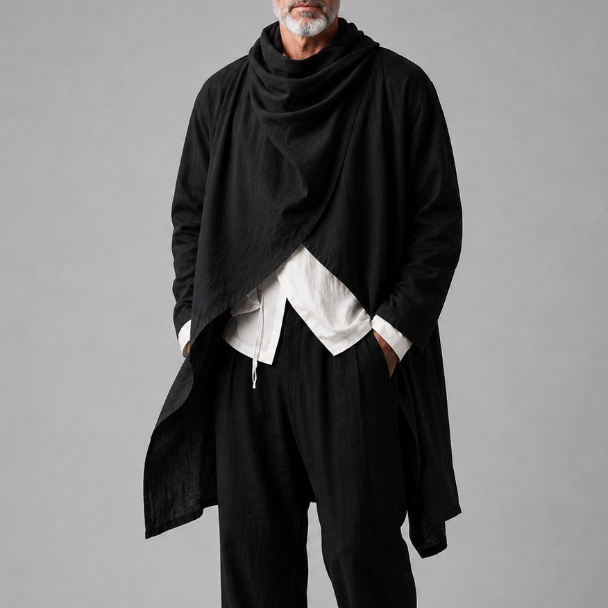 Men's Long Cotton-Linen Asymmetrical Cape