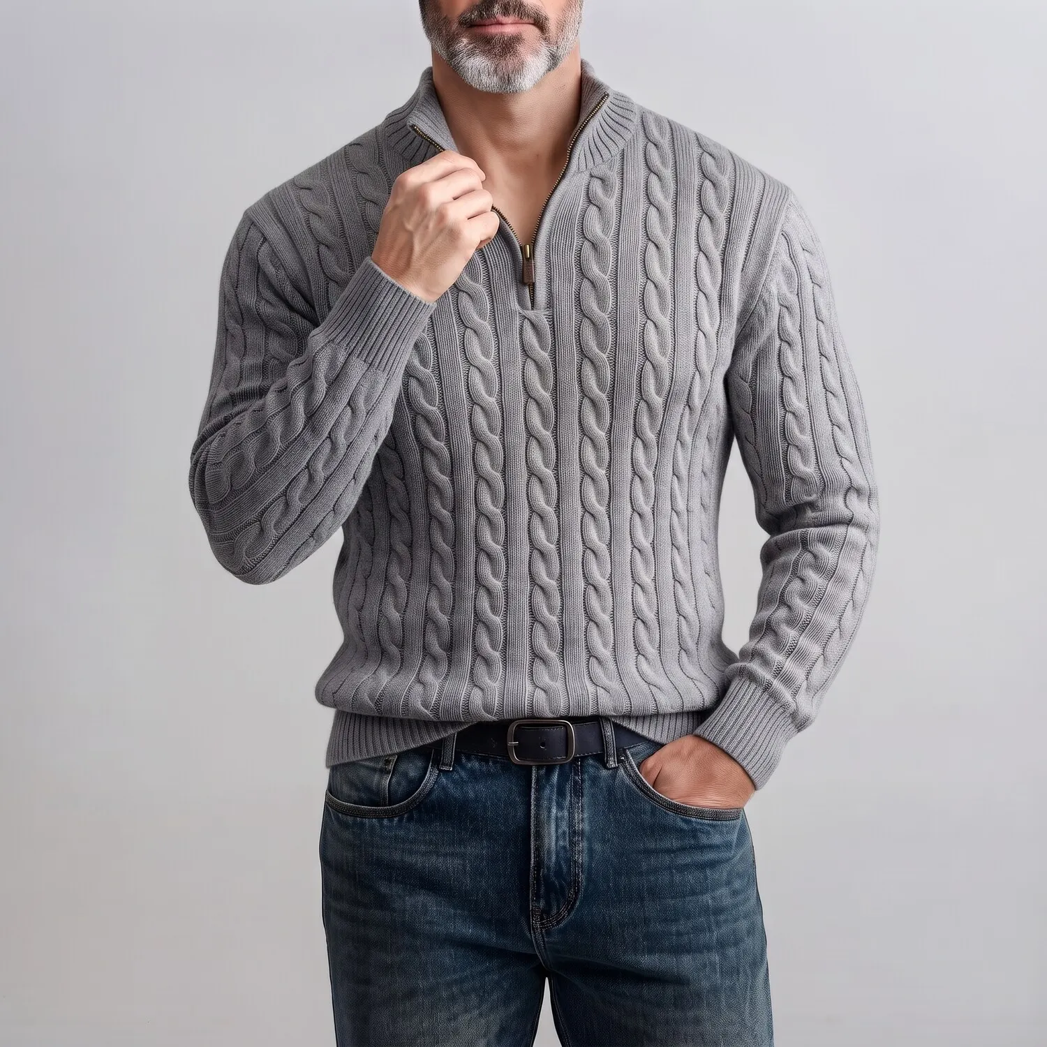 Men's Casual Solid Color Stand Collar Half Zip Twisted Texture Slim Fit Cable Knit Sweater