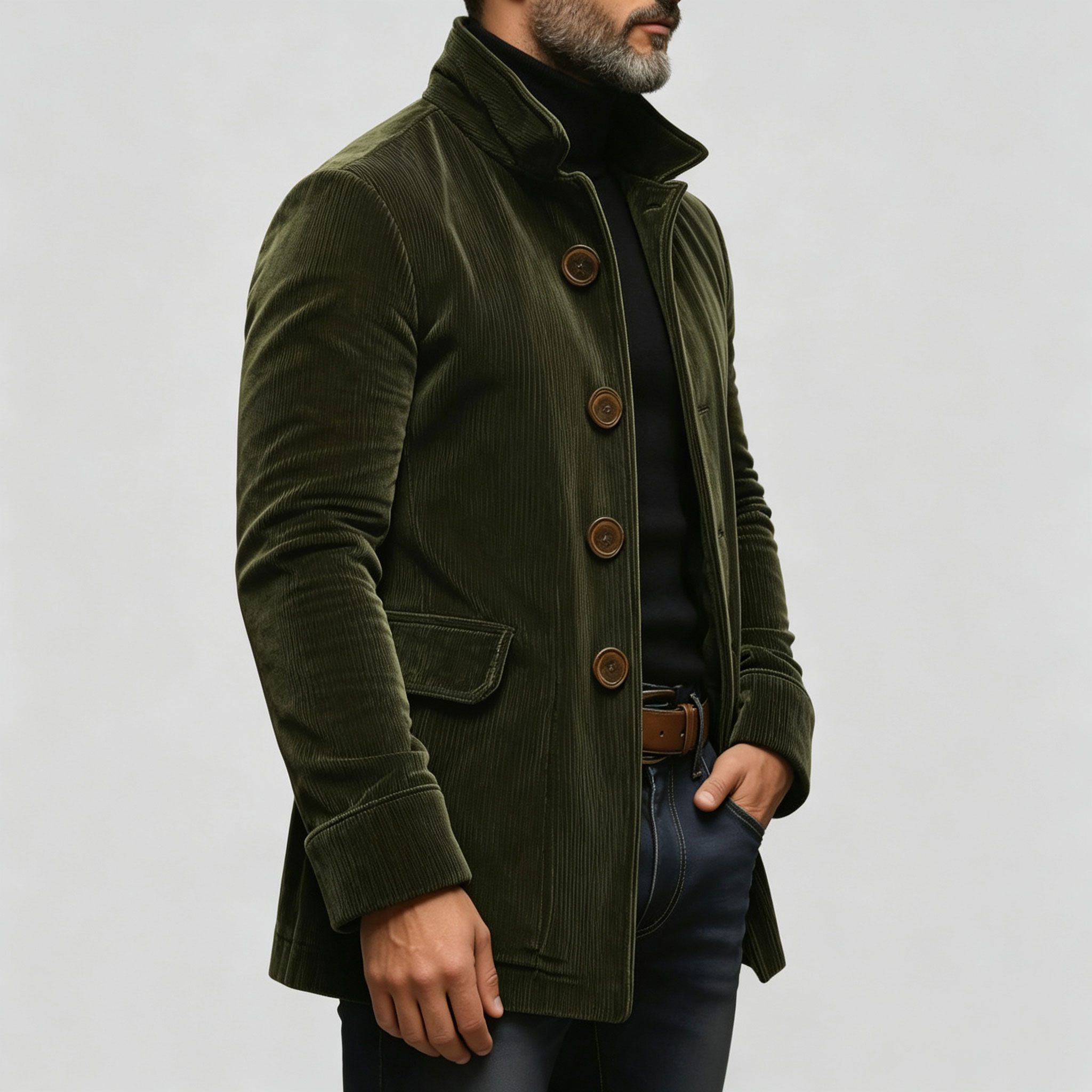 Men's Solid Stand Collar Single Breasted Pocket Corduroy Jackets