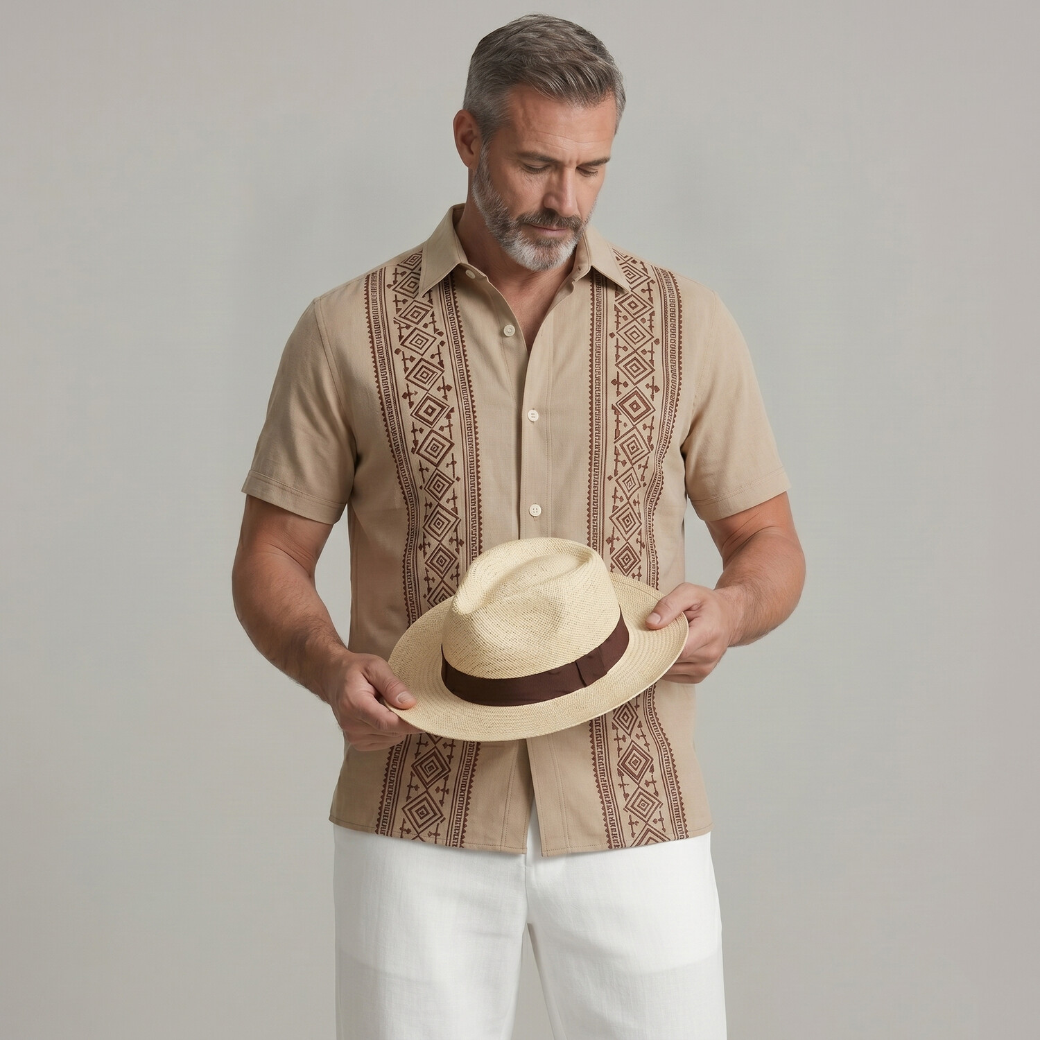 Men's Navy Blue Ethnic Style Geometric Print Turndown Collar Short Sleeve Shirt