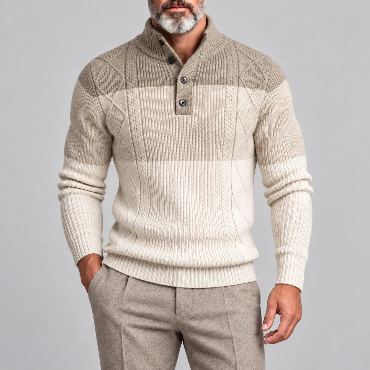 Men's Color Block Cable Knit Stand Collar Half Placket Pullover Sweater