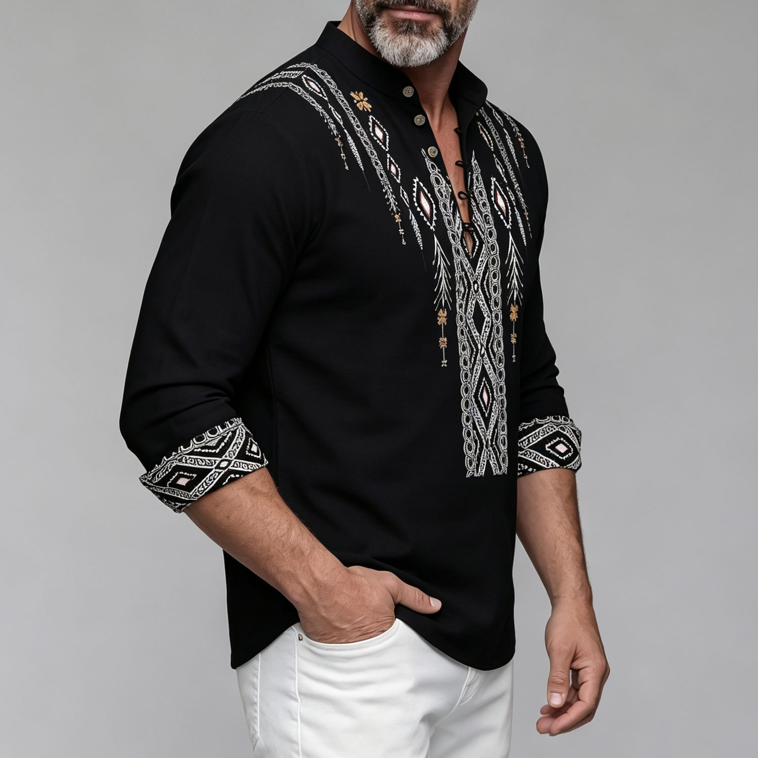 Men's Ethnic Geometric Print Stand Collar Shirt