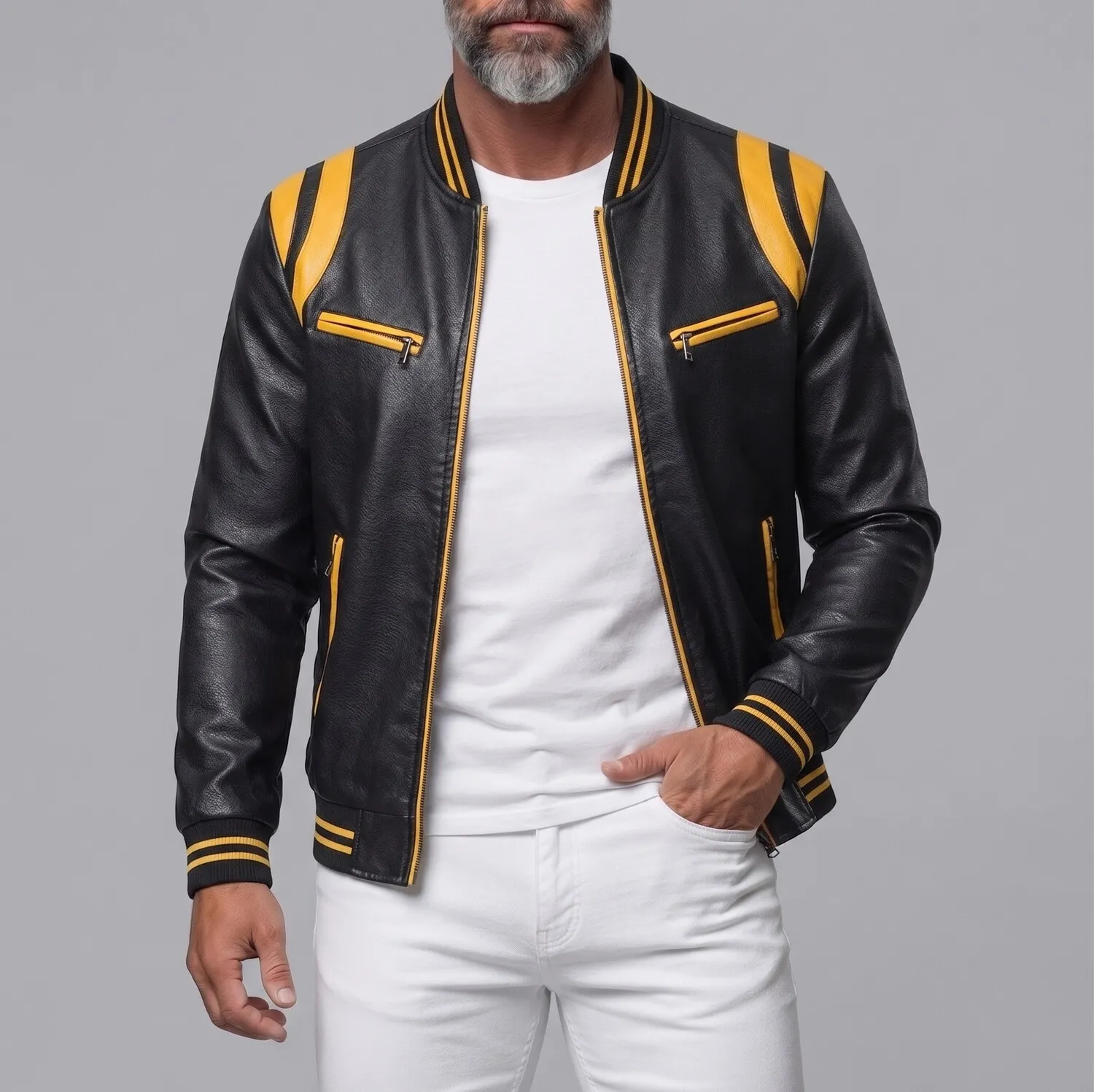 Men's PU Leather Contrast Stripes Zipper Pockets Bomber Jacket