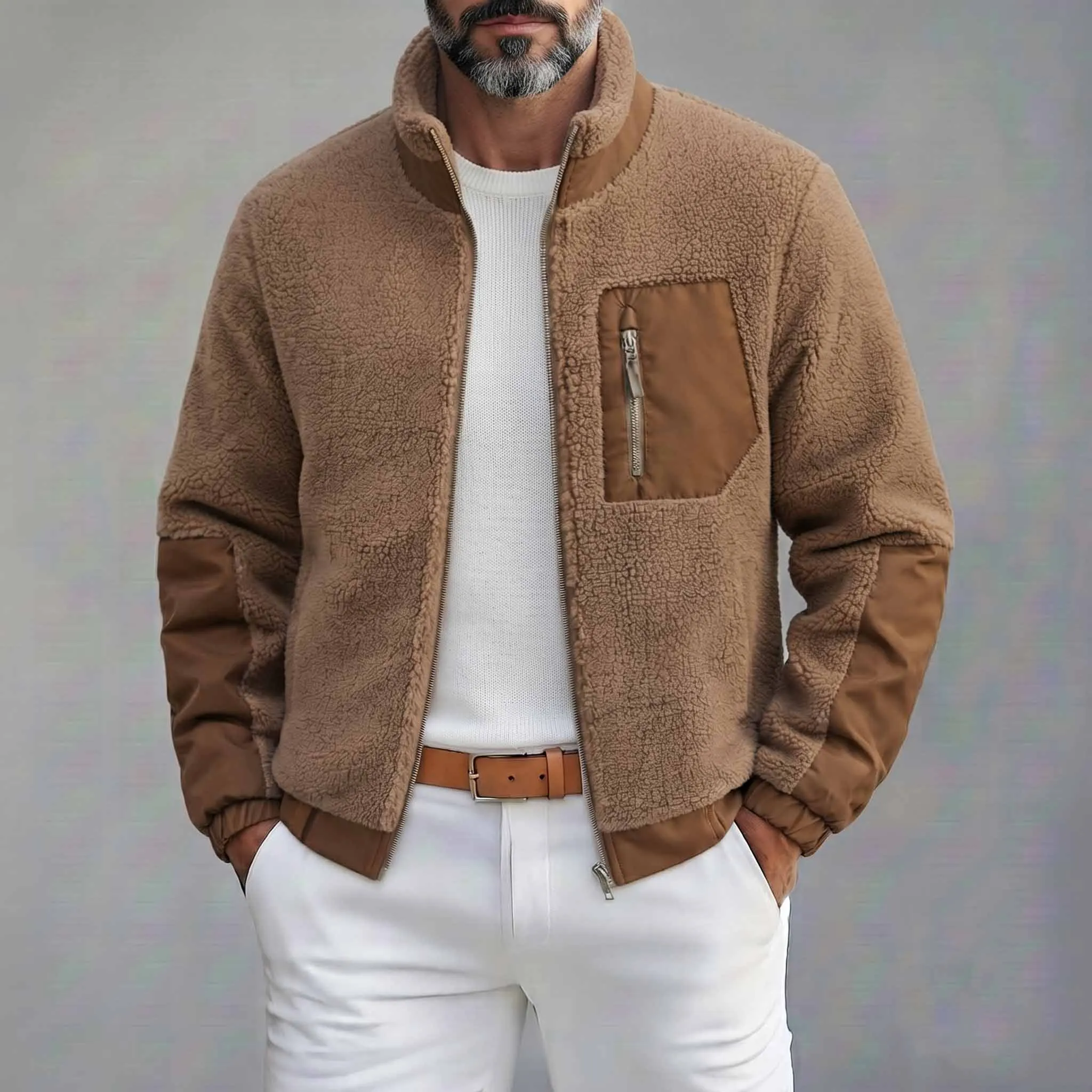 Men's Casual Stand Collar Multi-Pocket Zipper Fleece Bomber Jacket