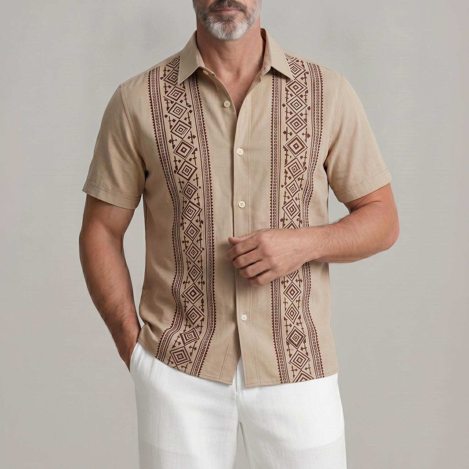 Men's Navy Blue Ethnic Style Geometric Print Turndown Collar Short Sleeve Shirt