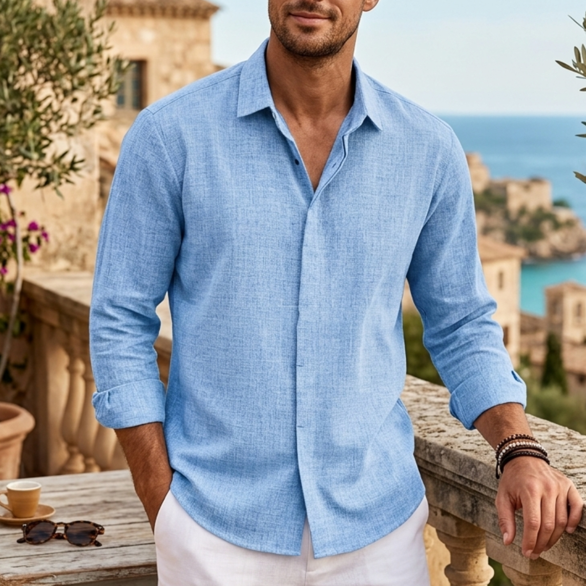 Men's Linen Single Breasted Plain Long Sleeve Shirt