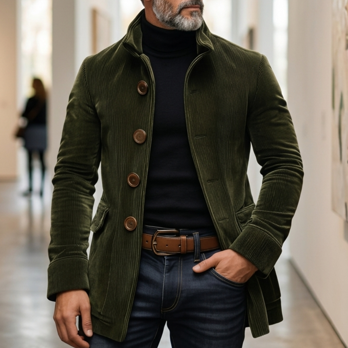 Men's Solid Stand Collar Single Breasted Pocket Corduroy Jackets