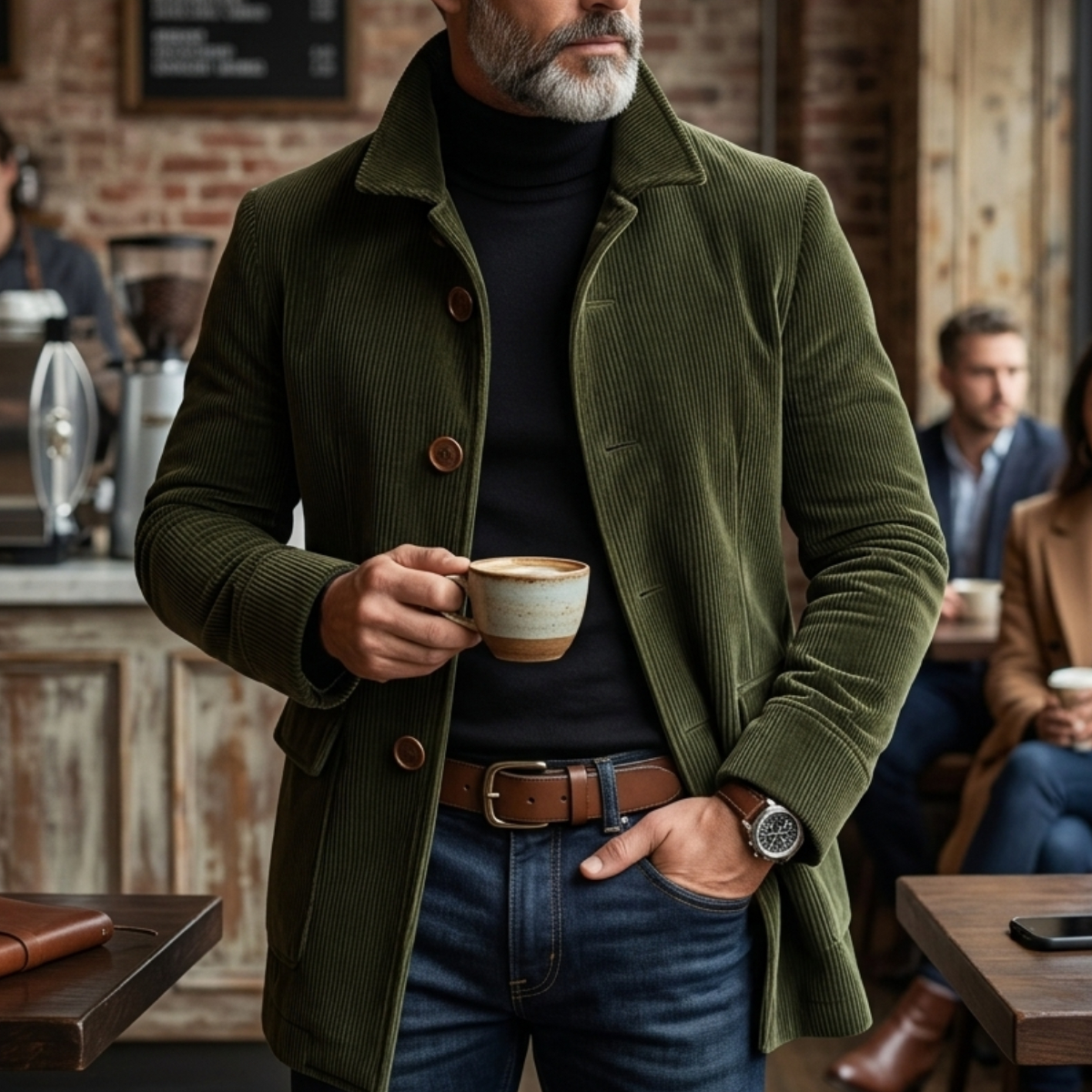 Men's Solid Stand Collar Single Breasted Pocket Corduroy Jackets