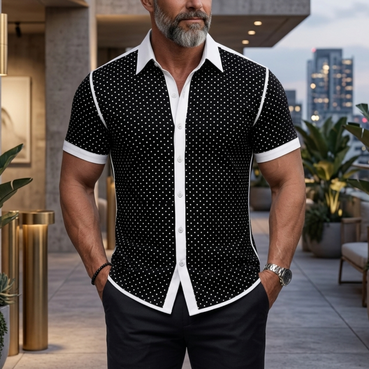 Men's Vintage Polka Dot Print Button-Up Slim Short Sleeve Shirt