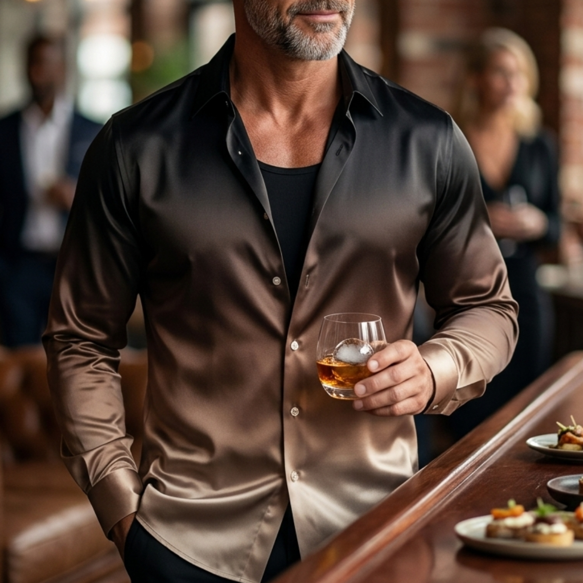 Men's Gradient Satin Shirt Collar Single Breasted  Long Sleeve Shirts